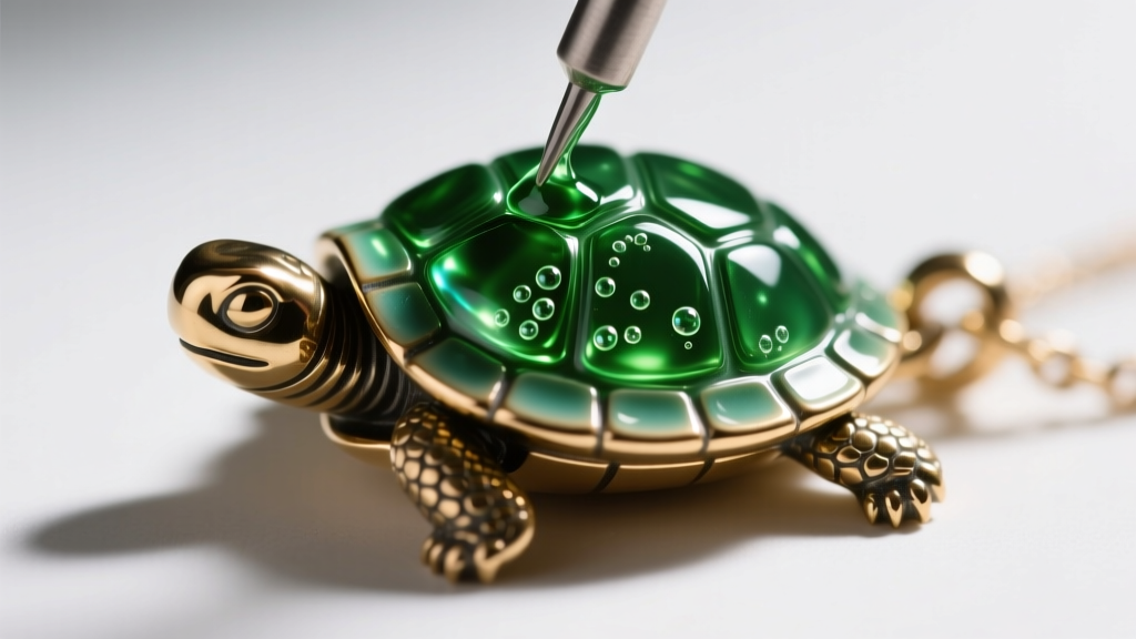 Macro photography of hot vitreous enamel being applied to a brass ninja turtle shell pendant, showing vibrant green glass texture