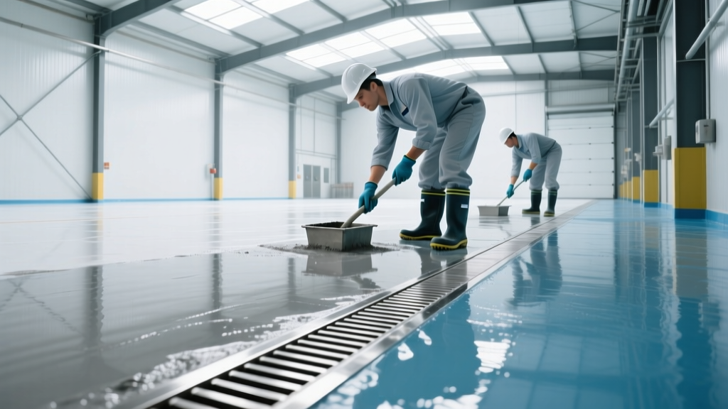 Workers troweling polyurethane industrial flooring in a food plant, showing stainless steel trench drains and wet washdown surfaces