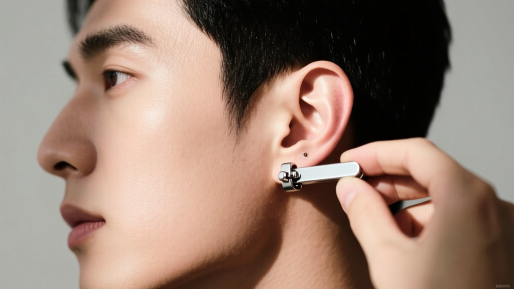 Side profile of a man adjusting a minimalist silver magnetic clip earring, demonstrating the secure fit on an unpierced earlobe.