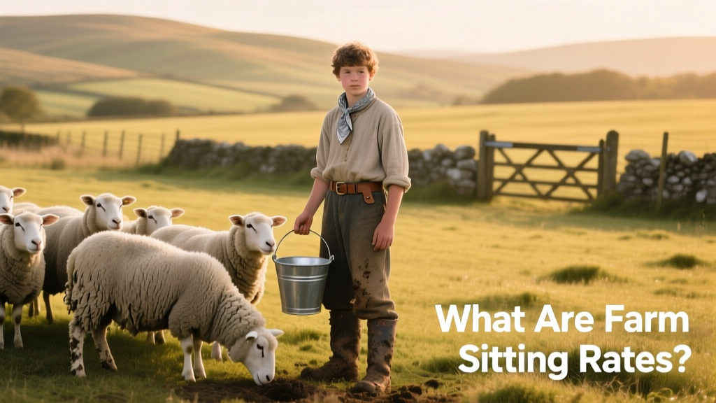 A person in a field holding a metal bucket beside several shorn sheep