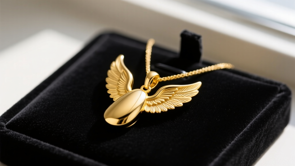Close-up of a heavy, solid 24k yellow gold angel pendant with smooth, rounded wings resting on a dark velvet jewelry display pad.