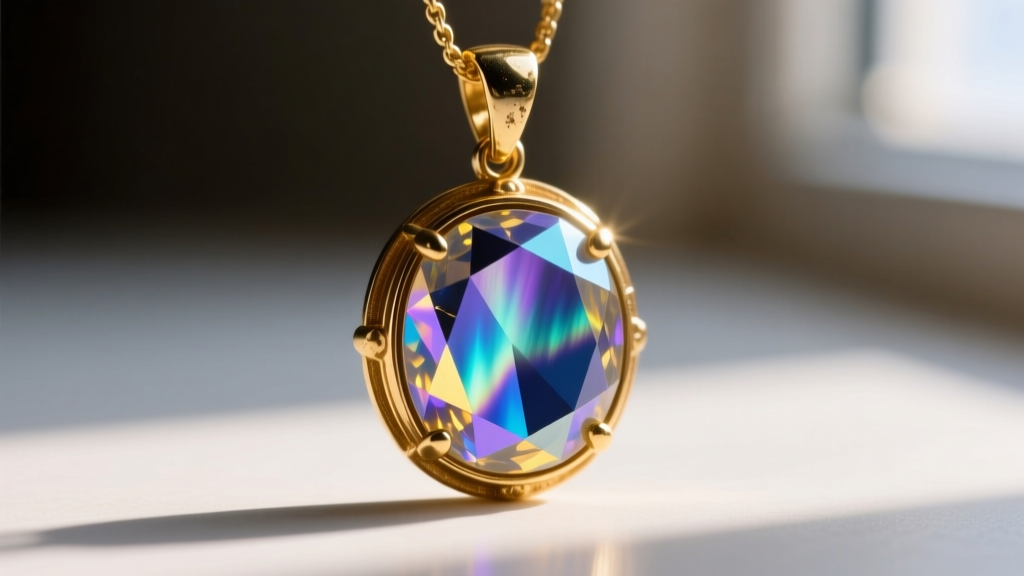 Macro shot of a vintage Avon pendant with gold electroplate and faceted Aurora Borealis glass rhinestones in warm side light