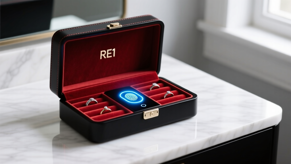 Open matte black Jewelry Box RE1 smart organizer on a marble vanity, revealing velvet ring slots and a glowing biometric lock.
