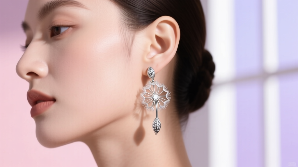 Close-up of delicate sterling silver dandelion seed head earrings on a model earlobe against a soft pastel background.