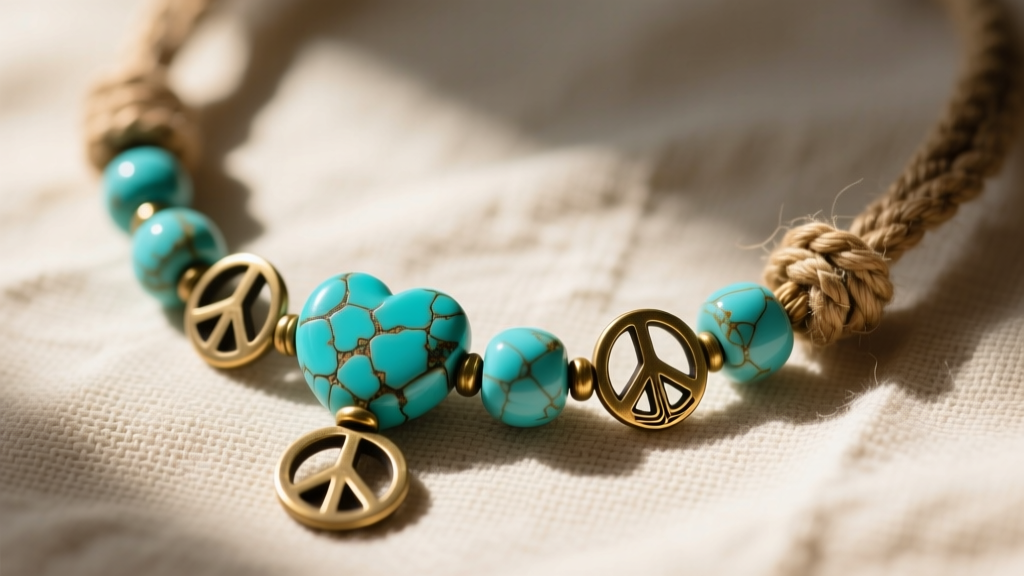 Close-up of a vintage love bead necklace with carved turquoise, brass peace signs, and knotted hemp cord on linen