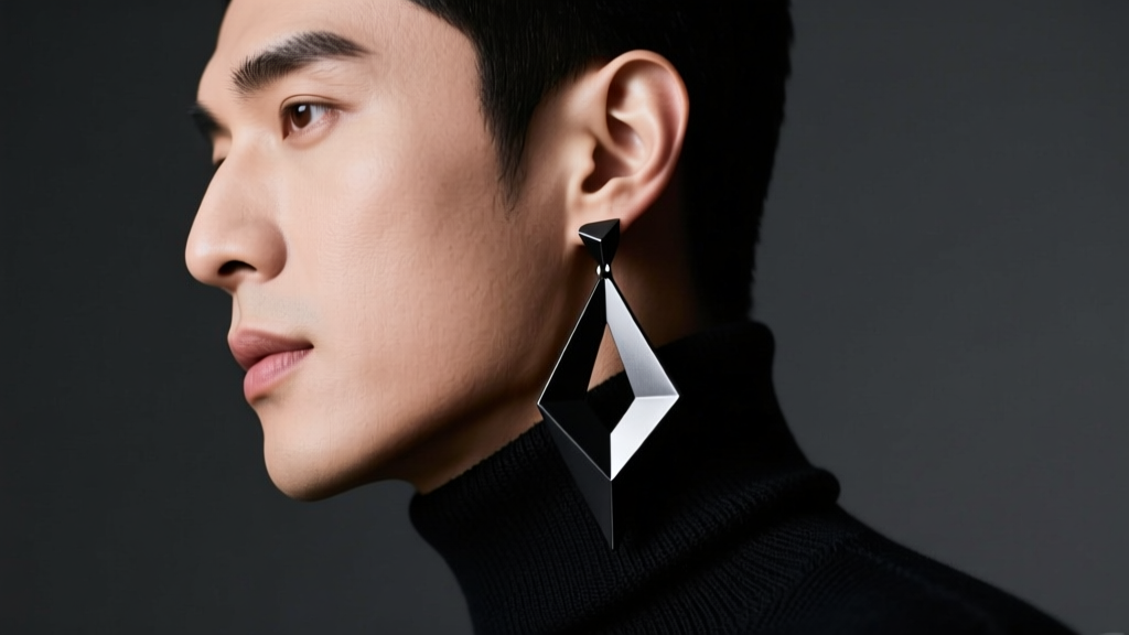 Side profile of a man with a square jawline wearing large geometric matte black steel drop earrings against a dark turtleneck