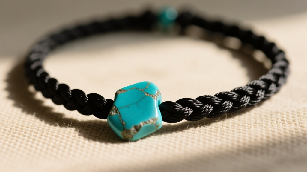 Close-up of a braided black waxed cotton necklace rope holding a raw turquoise pendant resting on textured linen in sunlight