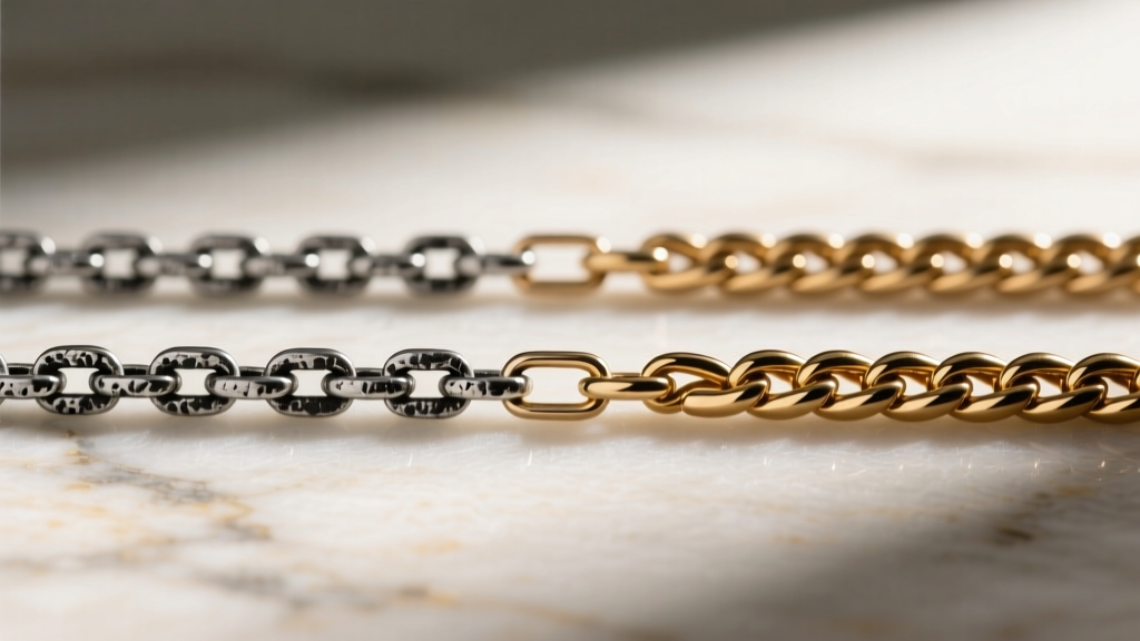 Macro photography comparing a 1.5mm oxidized silver rolo chain and a polished bronze wheat chain side-by-side on a neutral stone