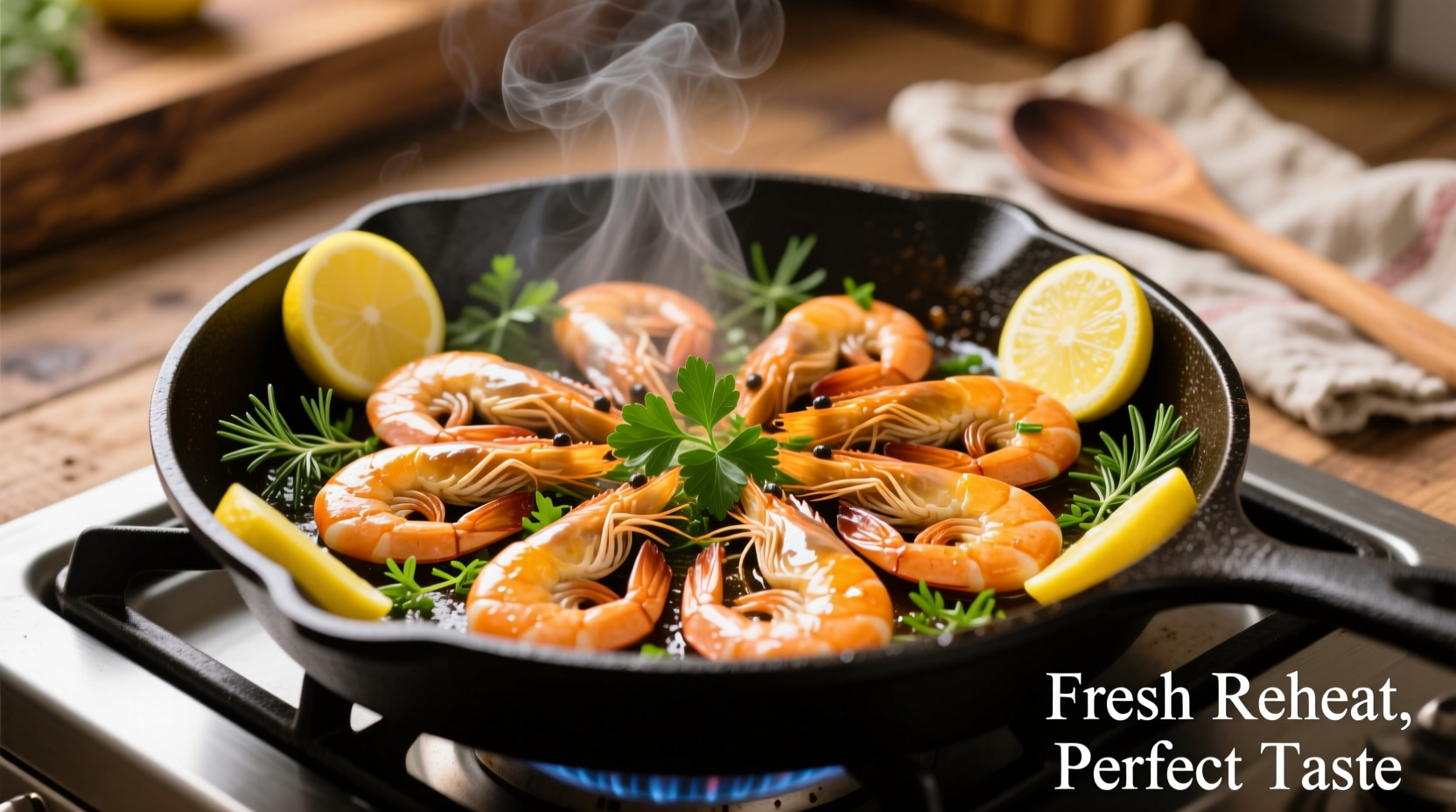 Perfectly reheated cooked shrimp in a skillet with lemon and herbs