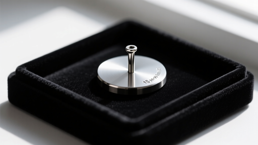 Close-up of a 16-gauge implant-grade titanium threadless pin with a flat disc back resting on a black velvet jewelry display tray