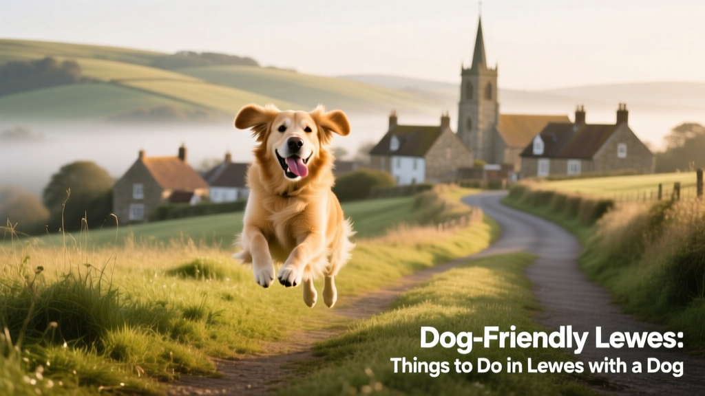 A dog bounding along a grassy path overlooking Lewes town and the South Downs, with rolling hills and historic rooftops in the background