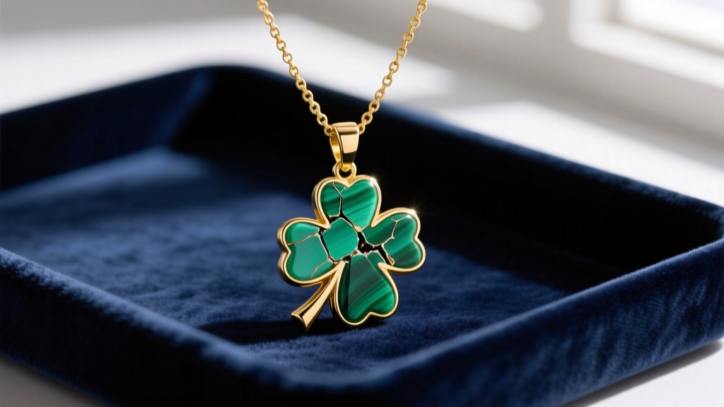 Macro shot of a gold necklace with four leaf clover pendant showing chipped green malachite inlay on a dark velvet tray.