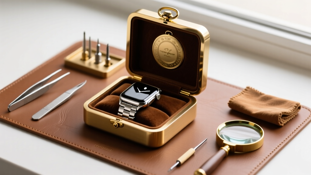 Flat lay of an enclosed brass pocket-watch case holding an Apple Watch, surrounded by jeweler tools on a soft leather mat