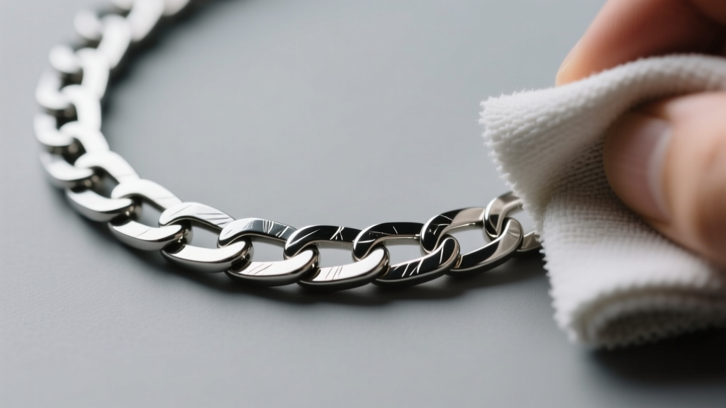An aluminum chain from a streetwear novelty necklace being polished with a dry microfiber cloth against a neutral gray background.