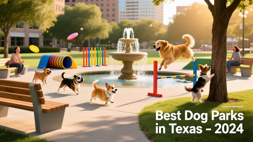 A vibrant urban dog park with shaded seating, agility equipment, and dogs playing near a fountain