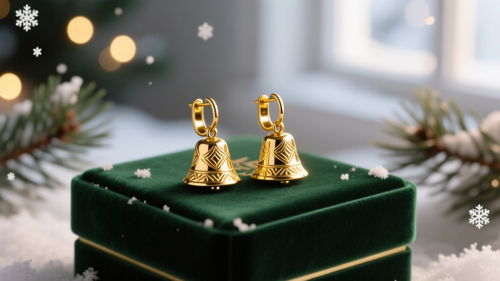 14k gold-filled jingle bell earrings resting on dark green velvet holiday gift box, warm cinematic lighting, macro jewelry shot.