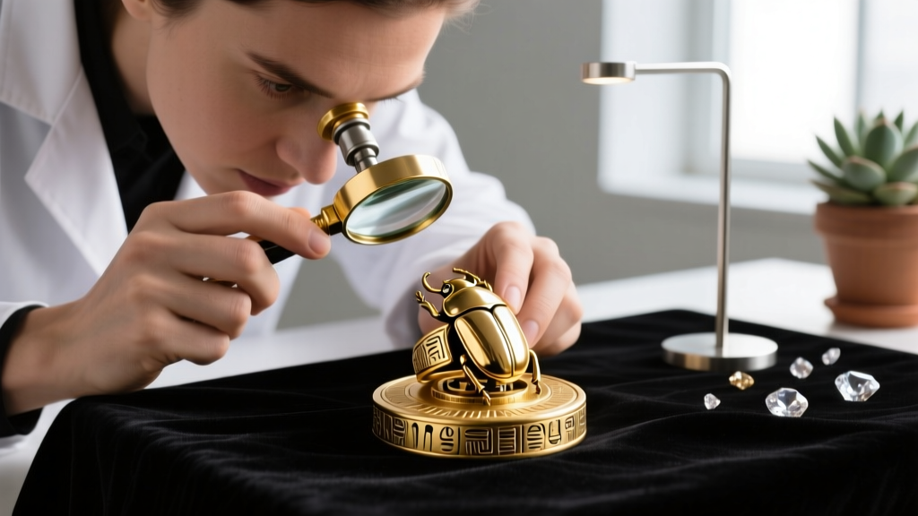 Jeweler using a loupe to examine hieroglyphs on the flat base of a vintage gold-plated scarab beetle swivel ring mechanism