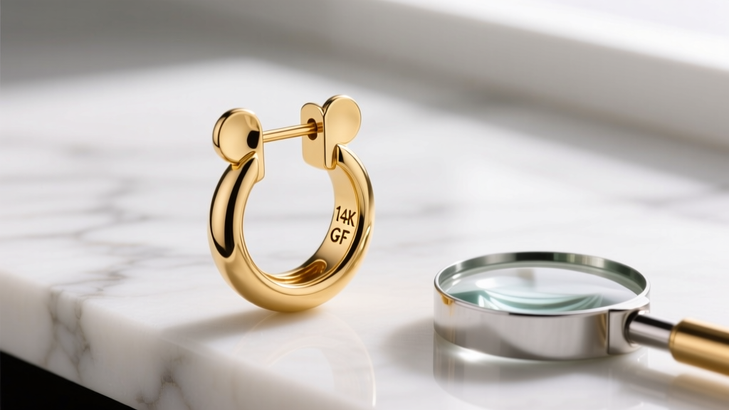 Macro shot of 14k gold vermeil Mickey Mouse hoop earring showing hallmark stamp on post next to a jewelry loupe on white marble