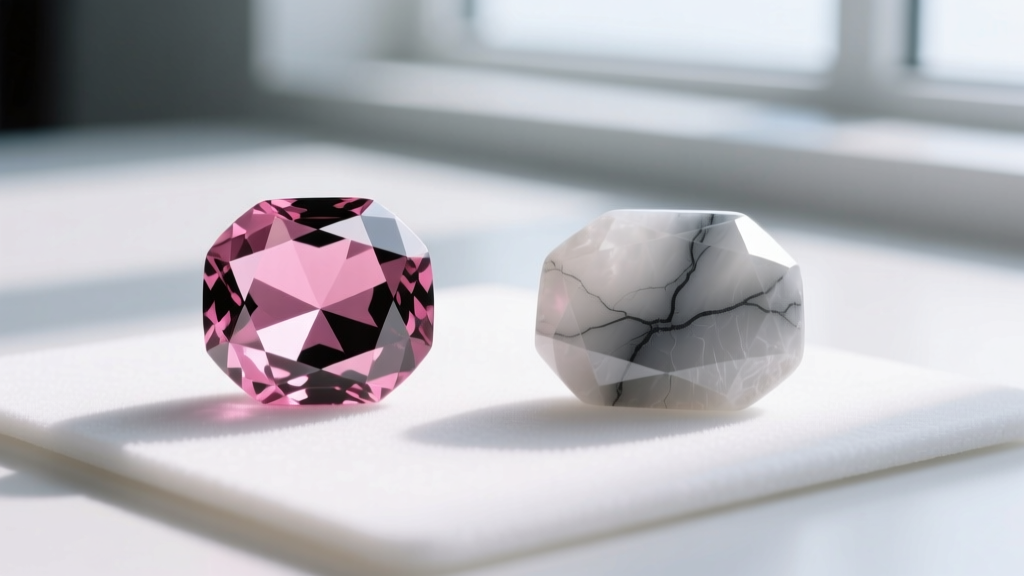 Macro comparison of real rhodonite with sharp black veins next to a dyed howlite fake with blurry grey lines on a white gem mat.