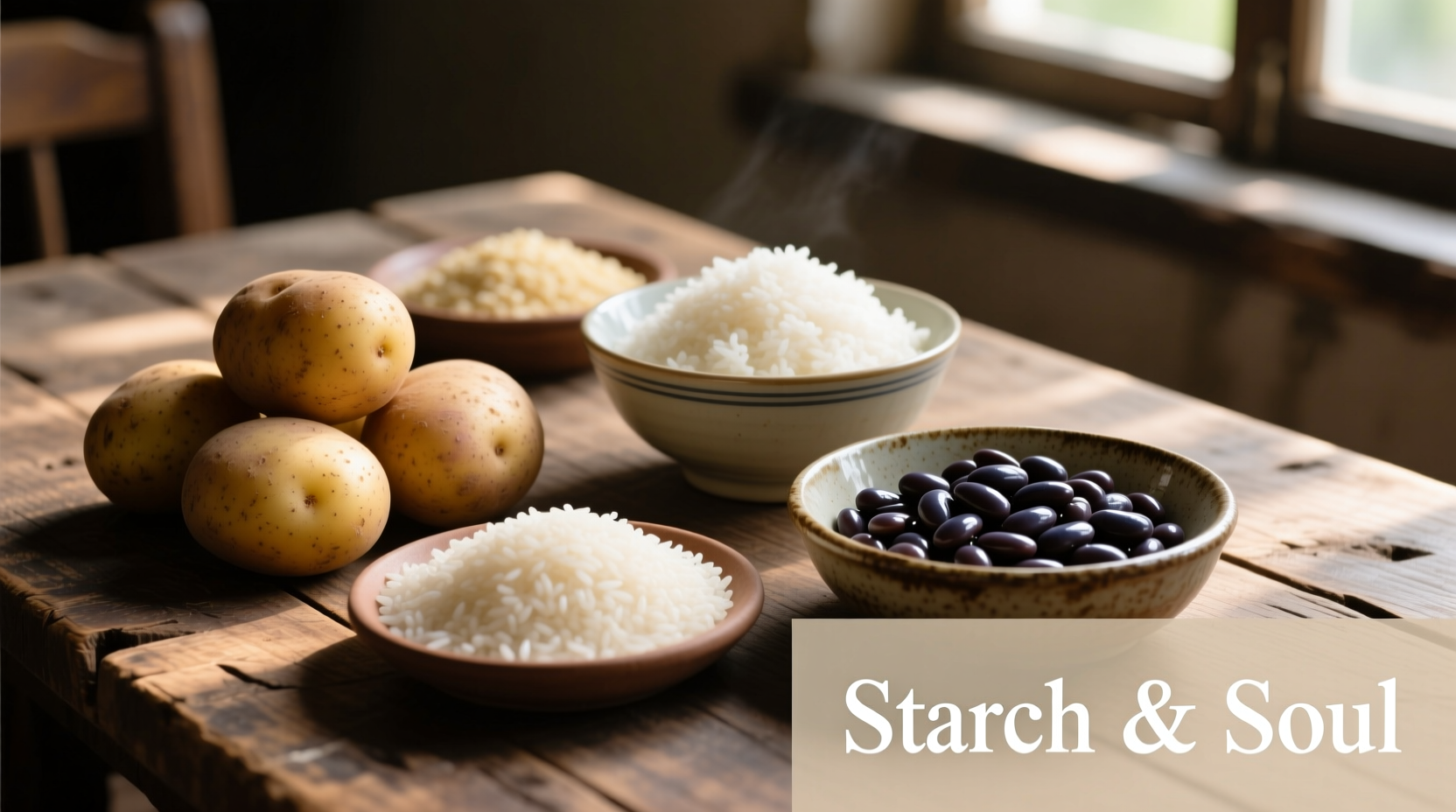 Various starchy foods including potatoes, rice, and beans arranged neatly
