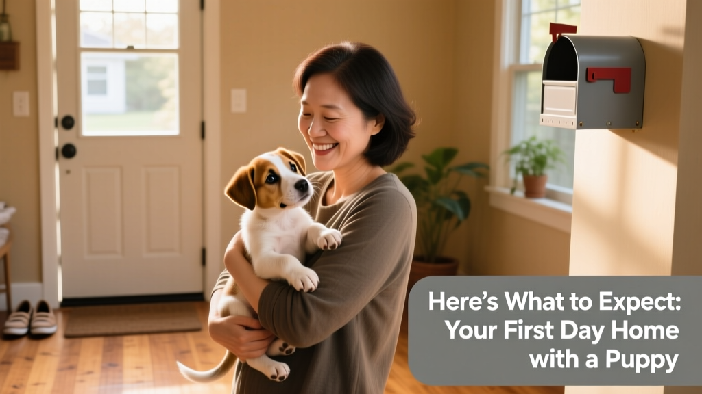 A calm, smiling person gently holding a small, curious puppy in their arms near the front door of a home