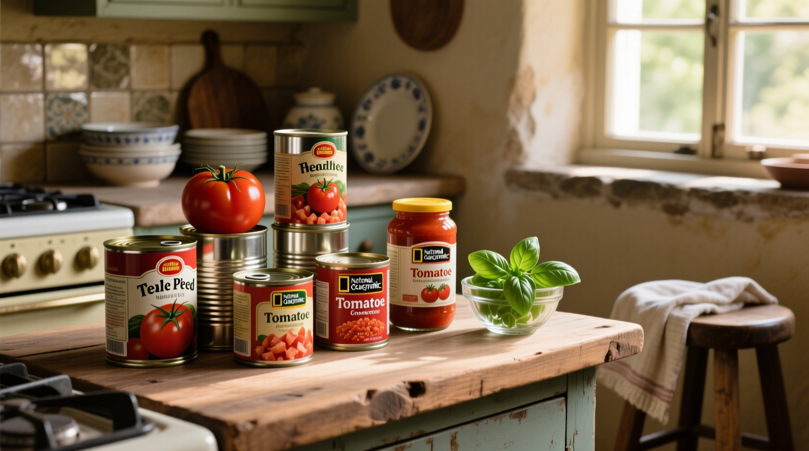 Various canned tomato products arranged on kitchen counter