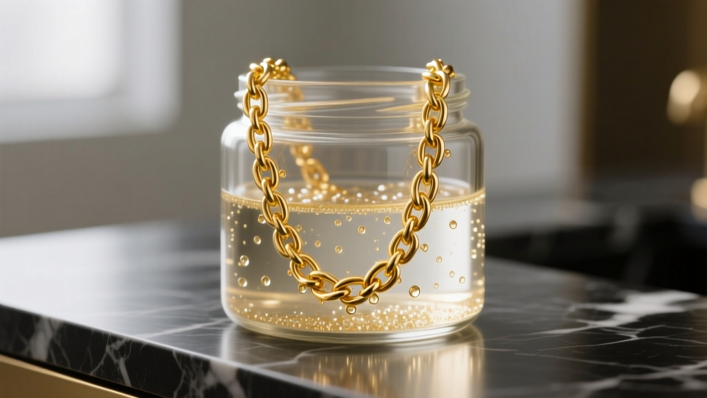 A 14k yellow gold chain submerged in a glass jar of liquid jewelry cleaner on a dark marble countertop in soft light.