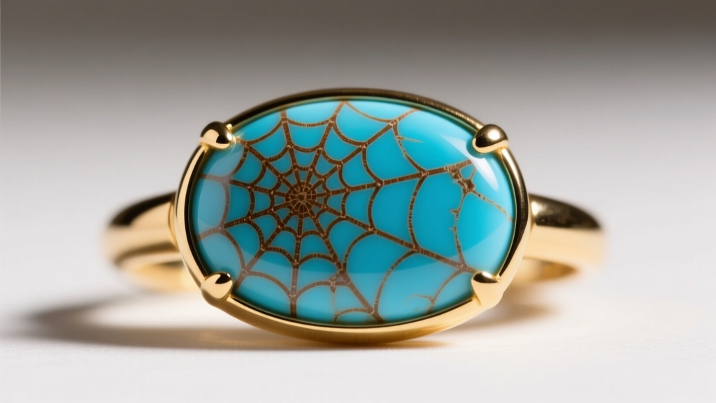 Macro shot of a raw Kingman turquoise cabochon in an 18k gold bezel, highlighting intricate brown spiderweb matrix patterns.