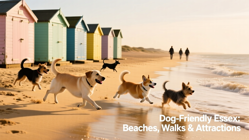 Golden sandy beach with dogs playing near colourful beach huts in Essex