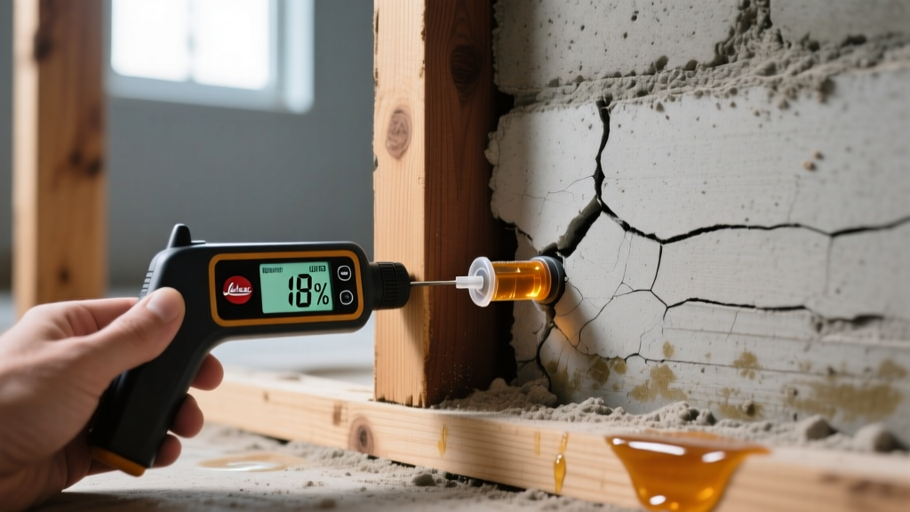 Diagnostic inspection showing a moisture meter on wood framing beside an epoxy injection port on a cracked concrete basement wall
