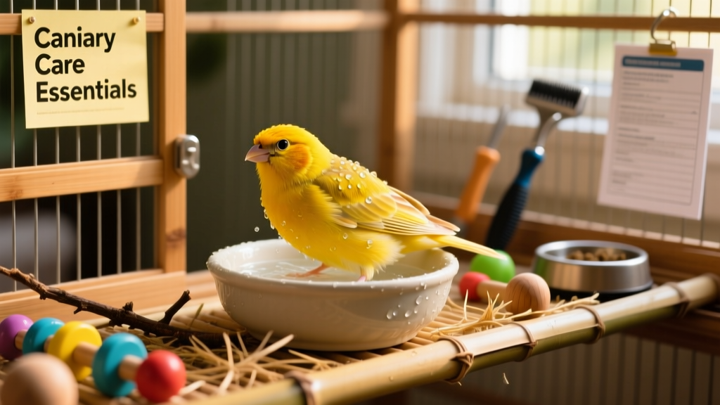 Close-up of a canary bathing in a shallow water bowl inside its cage, with colorful toys and natural perches visible nearby
