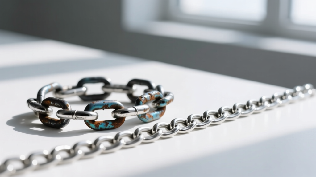 Tarnished sterling silver chain beside a pristine titanium chain, highlighting the oxidizing effects of wearable ozone generators.