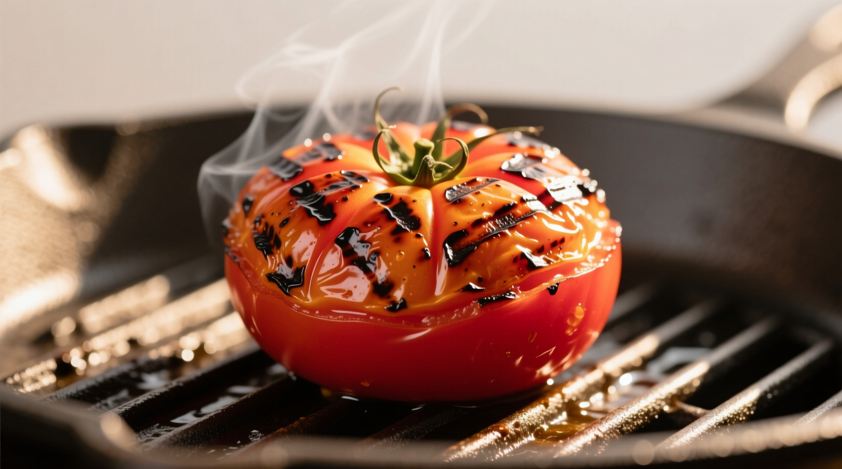 Perfectly grilled tomatoes with char marks on clean grill
