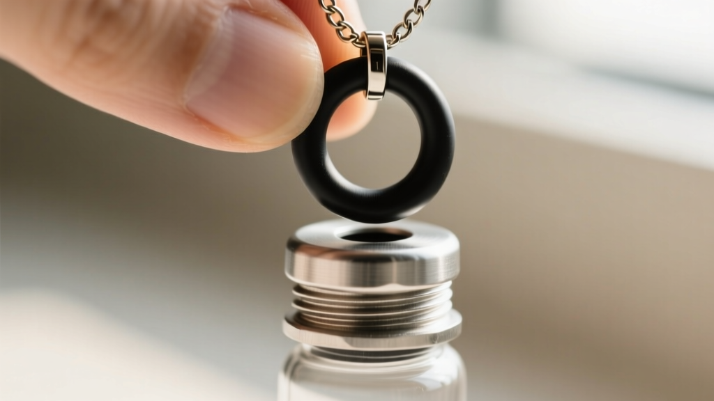 Close-up of a small black nitrile O-ring being placed onto the threaded screw cap of a stainless steel pet cremation necklace vial.