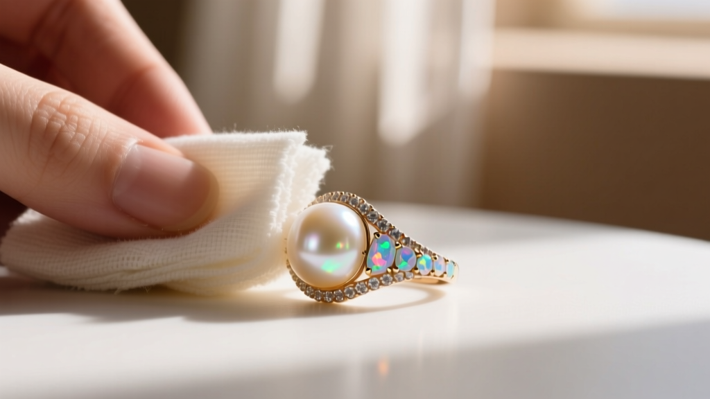 Macro shot of a freshwater pearl and opal ring being carefully wiped with a dry microfiber cloth under soft, warm natural lighting