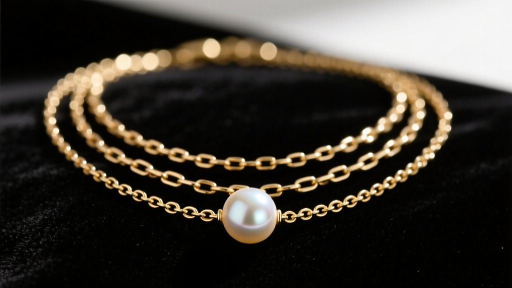 Close-up of a layered necklace stack with a 14k gold paperclip chain and a freshwater pearl pendant resting on dark velvet.