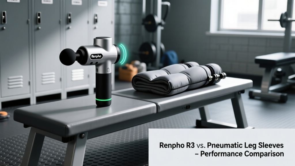 Side-by-side comparison of the Renpho R3 percussive device and Renpho pneumatic leg sleeves on a locker room bench