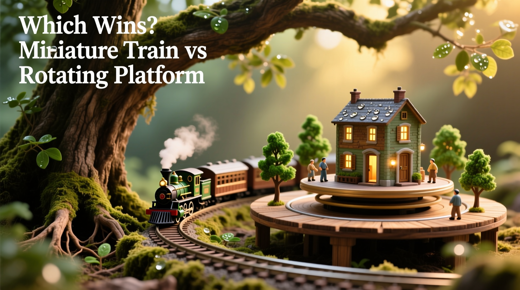 miniature train set under tree vs rotating platform which showcases better