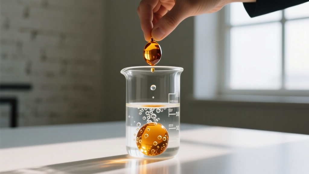 A jeweler performing a saltwater flotation test, dropping a genuine amber bead and a glass imitation into a clear glass beaker.
