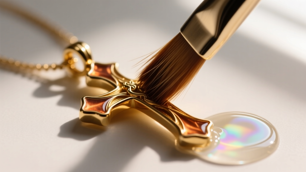 Close-up of a horsehair brush gently cleaning crevices of a gold vermeil statement cross pendant, with mild soapy water nearby