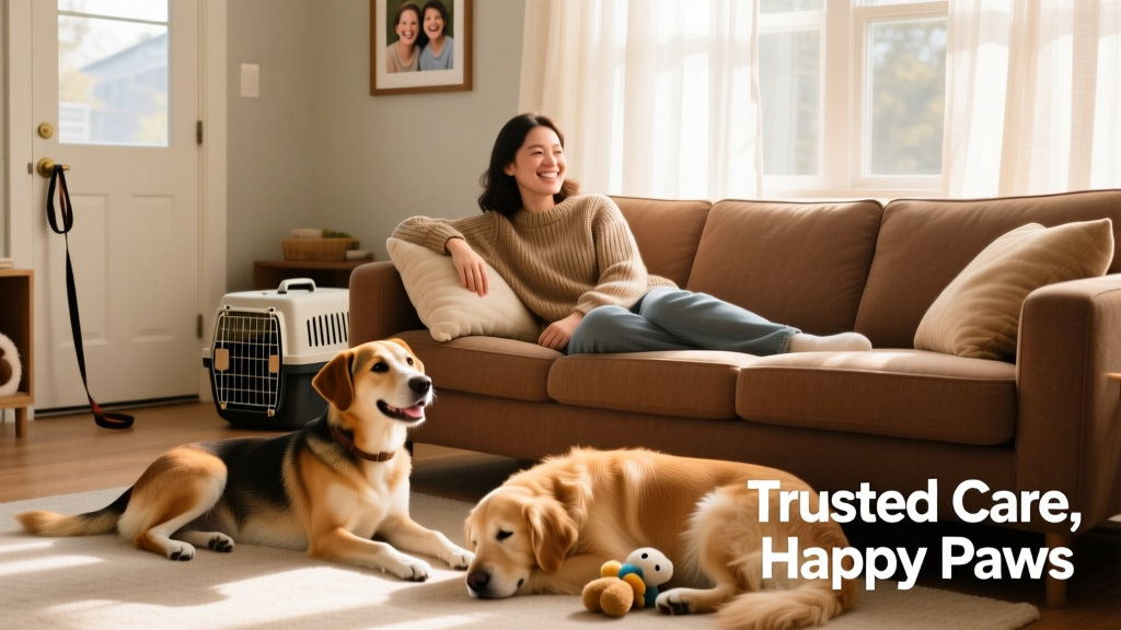 A friendly dog sitter relaxing on a sofa with two calm, happy dogs