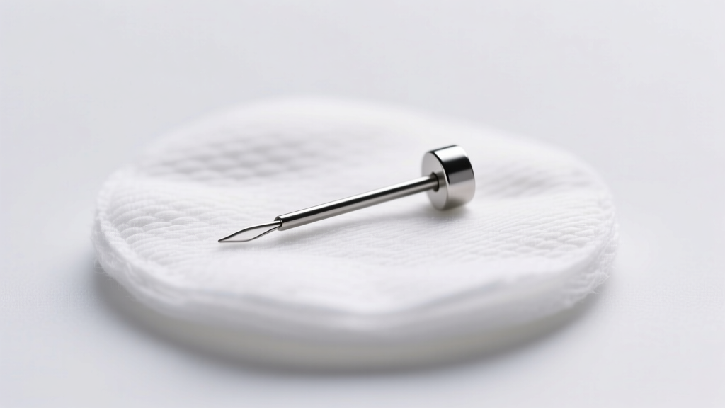 Macro photo of a 20-gauge titanium earring needle post resting on a sterile cotton pad under soft, bright clinical lighting.