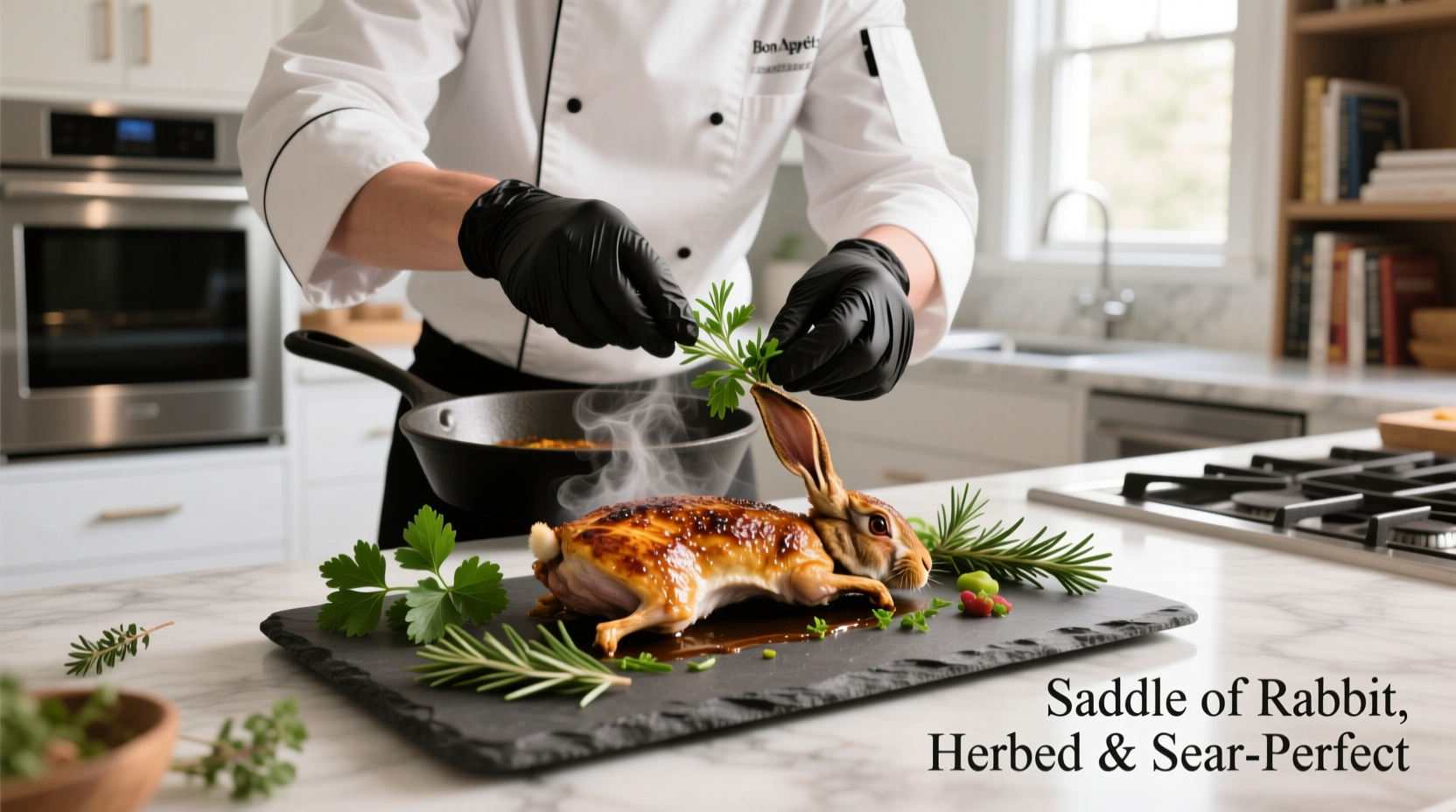 Chef preparing rabbit saddle with fresh herbs