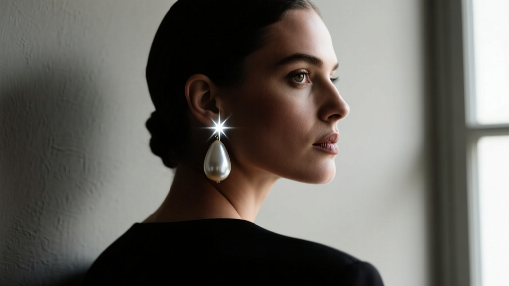 Moody chiaroscuro portrait of a woman looking back, wearing a large teardrop pearl earring catching a single bright highlight