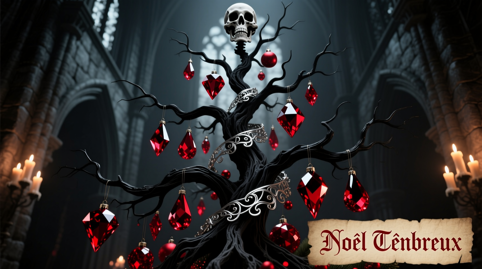 how to style a gothic christmas tree with black branches and red crystal ornaments