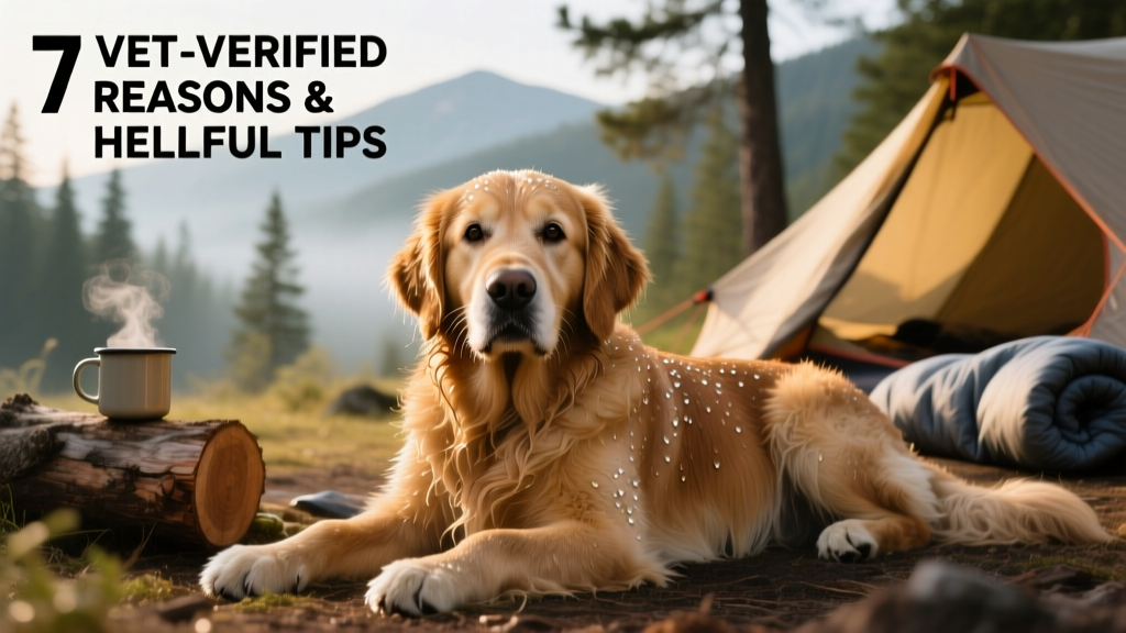 wet golden retriever dog lying at a campsite
