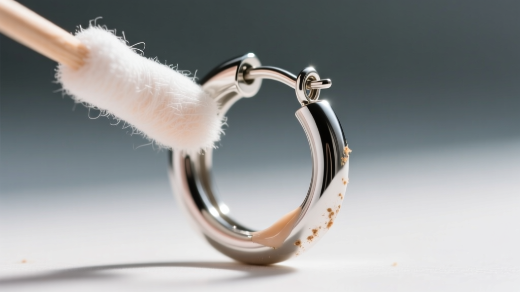 Extreme close-up of a small huggie hoop earring hinge mechanism with a microfiber swab cleaning accumulated lotion from the joint