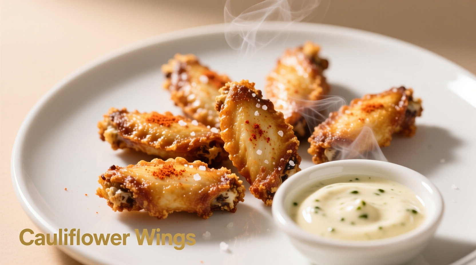 Cauliflower wings served with dipping sauce on plate
