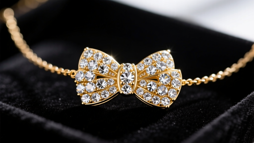 Macro shot of a vintage gold-tone Hello Kitty rhinestone necklace on black velvet, highlighting the pavé crystal bow.
