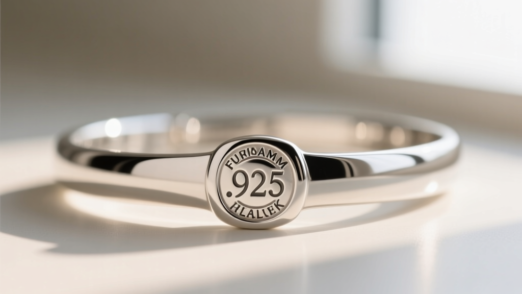 Macro photo of a stamped .925 hallmark on a silver choker clasp, showing crisp engraving against a polished metallic background.
